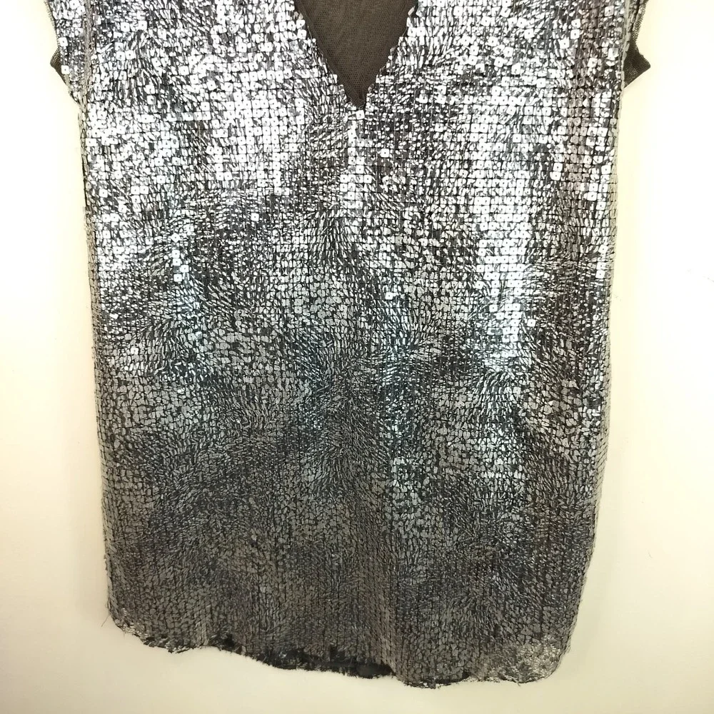 Free People Sequin Mini Dress Womens Medium Sheer Mesh V-Neck Party Glam Silver